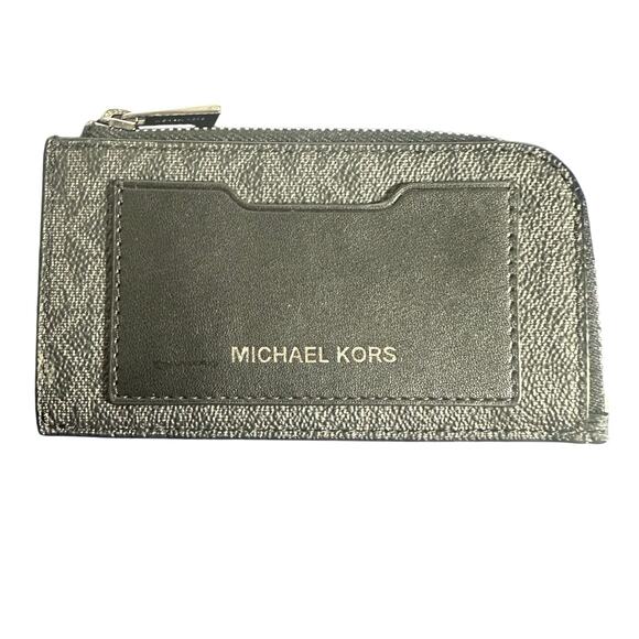 Michael Kors Black L-Zip Card Case Wallet Leather Coin Pouch Slim Compact - Picture 1 of 6
